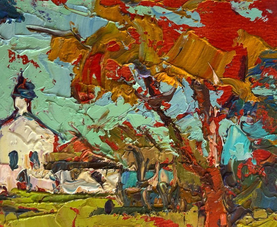 Image 1 of Original Oil Painting Autumn Church Landscape Autumn bell ringing of the church tower