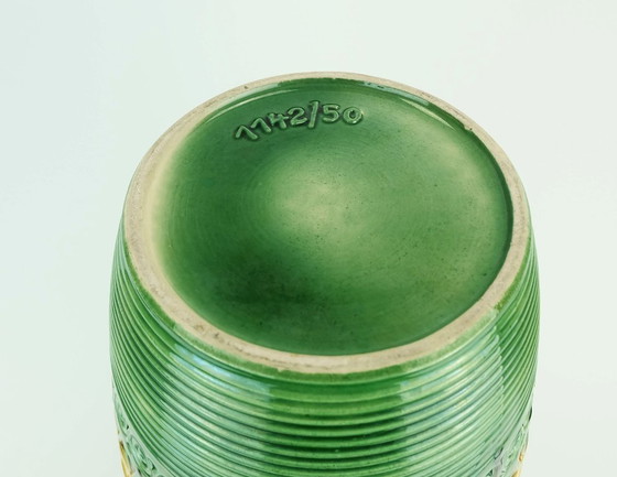 Image 1 of west german 1960s mid century VASE floorvase ü-keramik green ochre relief pattern model 1142-50