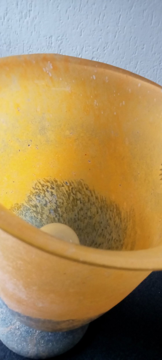 Image 1 of Lot de 2 lampes coupe en verre de Murano aux couleurs chaudes de l'automne ocre jaune vert