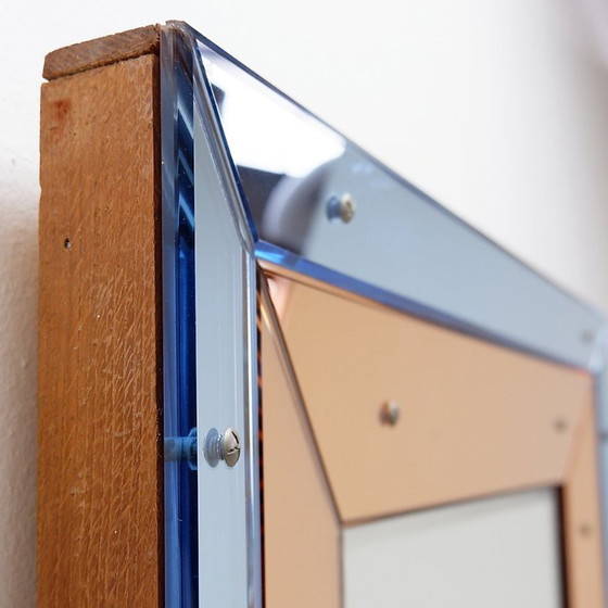 Image 1 of Facettierter Wandspiegel mit blauen und kupferfarbenen Spiegelpaneelen – Italien, 1930er Jahre