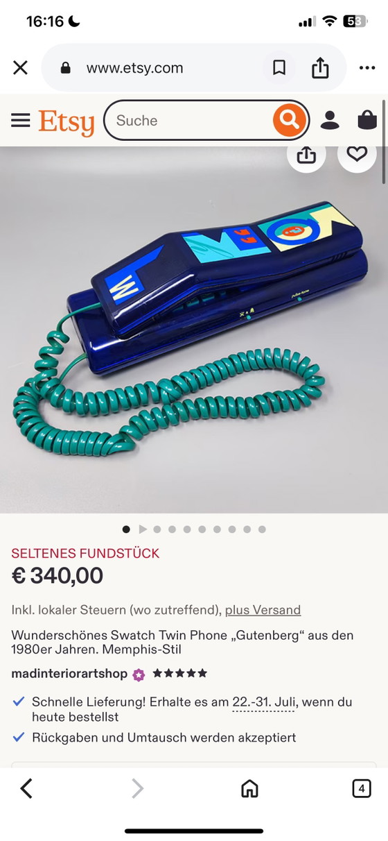 Image 1 of Telefono vintage Swatch Twinphone Deluxe in stile Memphis Pop Art anni '80, modello "Gutenberg".