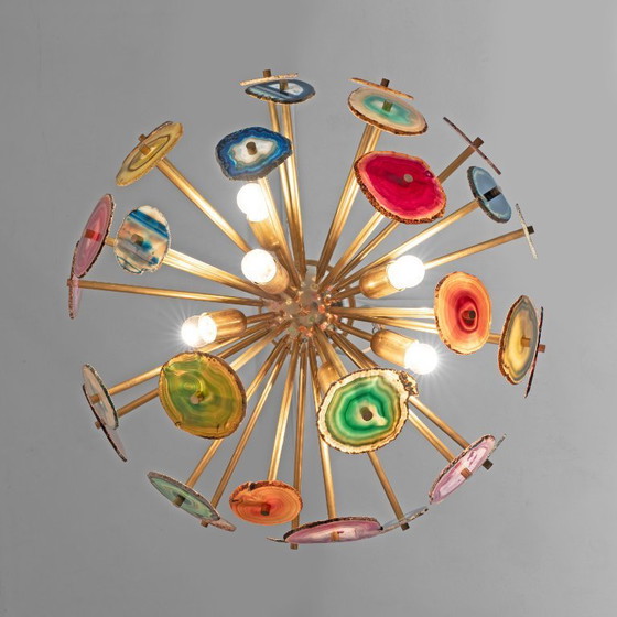 Image 1 of Plafonnier « Sputnik » de conception italienne avec sections en pierre d'agate et laiton