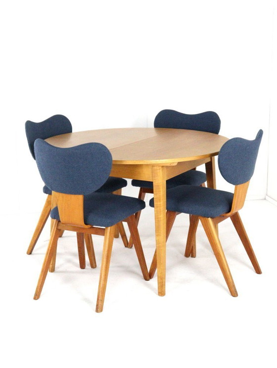 Image 1 of Beech dining set round dining table + 4 vintage dining chairs in the style of Pastoe