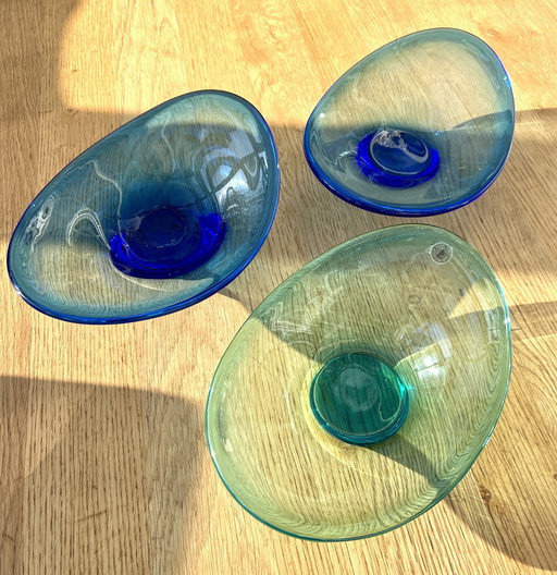 Nova Scotia Glass Schalen Set 3 Stück handgefertigt blau grün Vintage Kanada