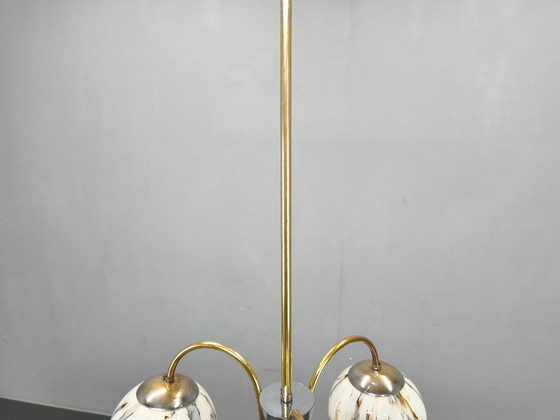 Image 1 of Art Deco Chandelier, Marble Glass, Brass & Chrome, 1930s