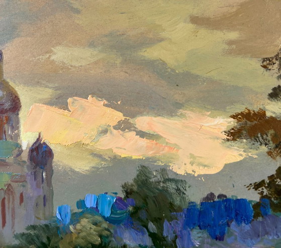 Image 1 of Original Oil Painting Evening City Landscape Church over the river