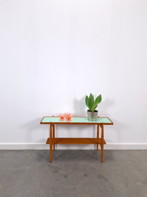 Mesa auxiliar vintage de madera con tablero de Formica verde menta – bijzettafels, Wood, Plastic (photo 2 of 13)