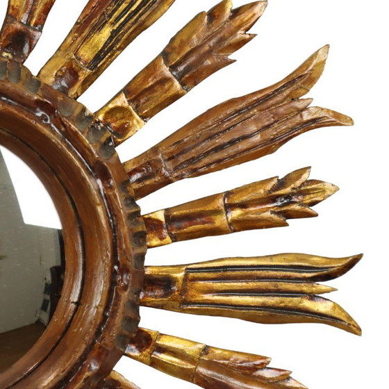 Image 1 of Vintage Wooden Sun Mirror Sunburst Gold Fifties 52cm