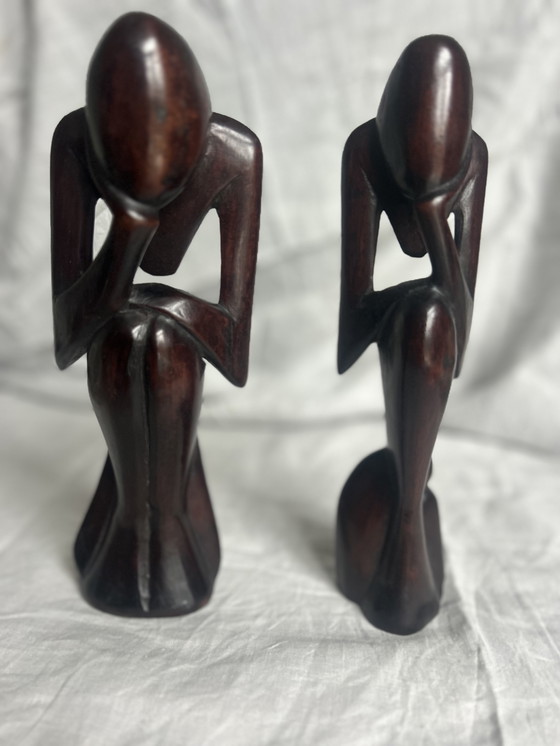 Image 1 of Houten beeld koppel seventies 70 de denker abstract