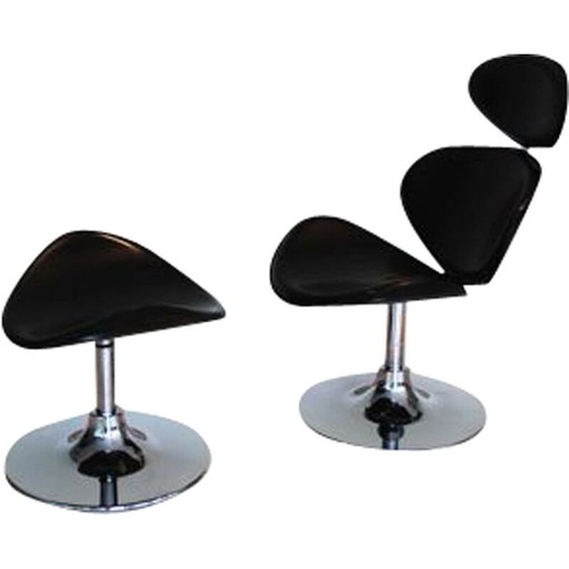 Poltrona e pouf vintage in pelle nera