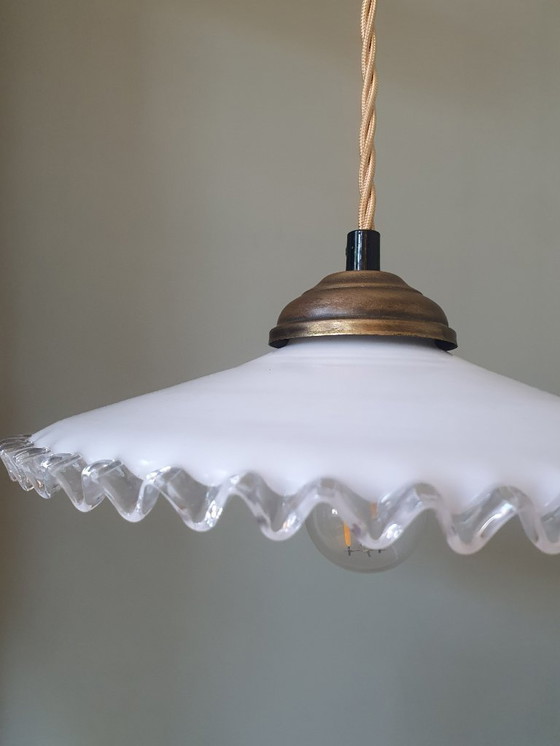 Image 1 of vintage pendant lamp of white opaline glass - fringes - clichy