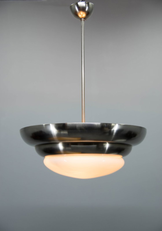 Rare Franta Anýž Nickel Chandelier, 1930s, Restored – Anyz Franta, Metal, Glass (photo 2 of 12)