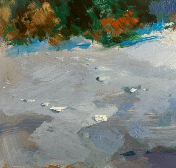 Image 1 of Originales Ölgemälde: Winterliche Flusslandschaft, Fluss unter einer Schneedecke