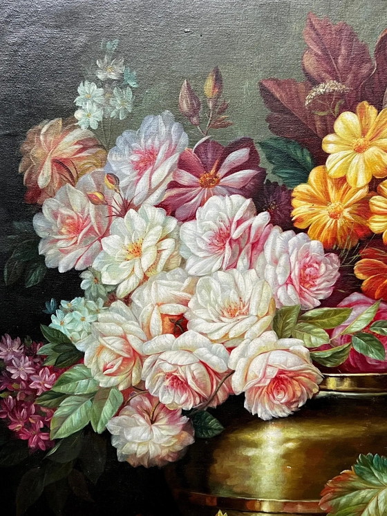 Still life signed with flowers and fruits. Oil on canvas., Paintings & Drawings (photo 8 of 11)