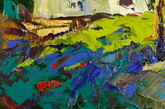 Image 1 of Original Oil Painting Summer Village Landscape Conversation in the embrace of silence