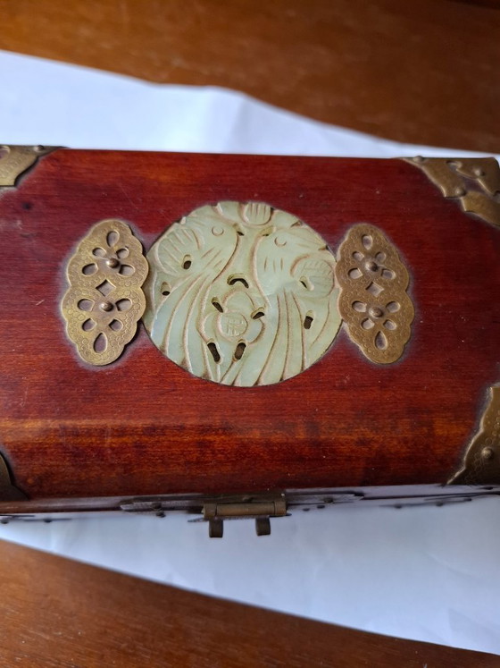 Image 1 of Vintage Chinese Rosewood Musical Jewelry Box with Jade & Brass (Shanghai, 1970s)