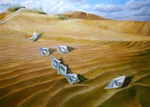 Origineel olieverfschilderij, hedendaagse kunst, symboliek, woestijnkaravaan – schilderijen tekeningen, Canvas