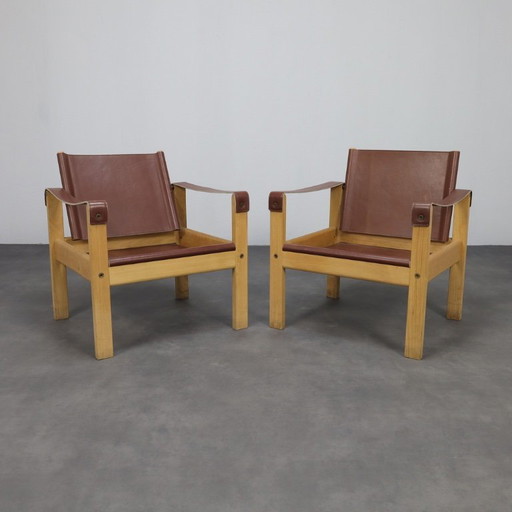 Set van 2 loungestoelen in teak en zadelleer van Karl Heinz Bergmiller voor Escriba, Brazilië, jaren 1970