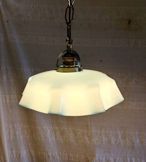 Vintage blue opaline and gilded brass Pendant lamp - mid-20th century, Glass (photo 2 of 8)