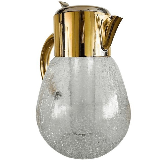 Image 1 of Vintage Kalte Ente glazen karaf waterkan craquelé glas verguld metaal 1970's