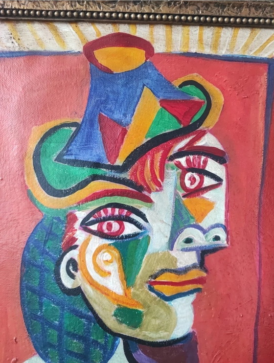 Image 1 of Vintage Cubist Portrait of a Woman in a Hat, Oil on Canvas, Picasso Style