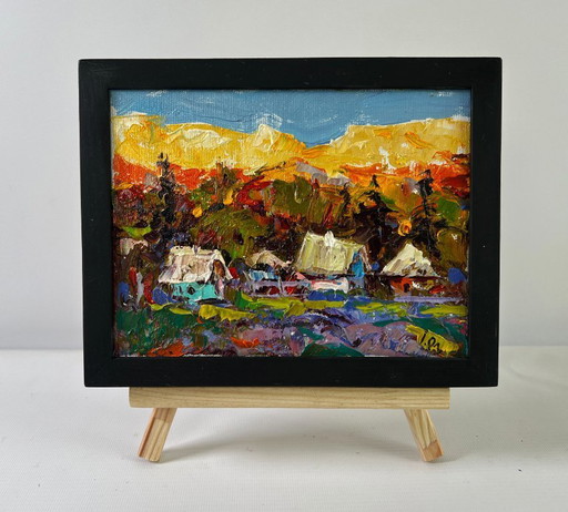 Original Oil Painting Evening Village Landscape The sun is setting