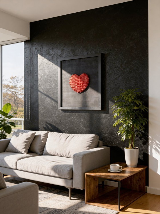 Image 1 of Décoration murale géométrique en forme de cœur 3D – Sculpture rouge en PLA sur toile noire (encadrée)