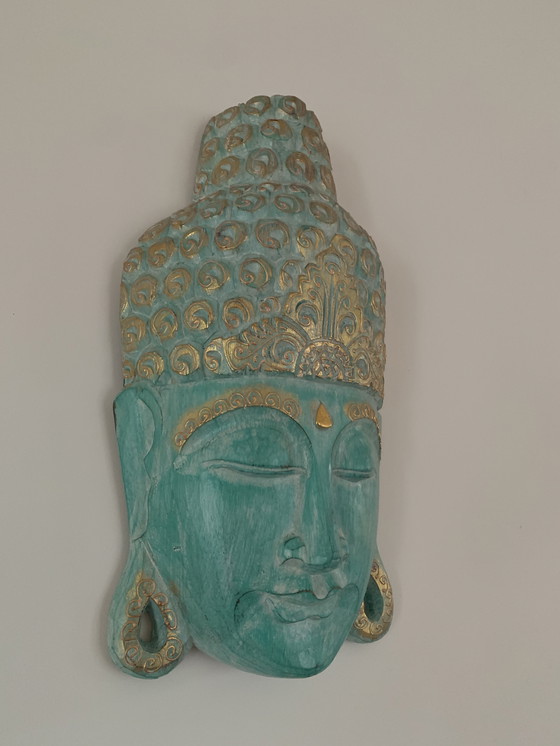 Image 1 of Buddha head wood blue-green and gold