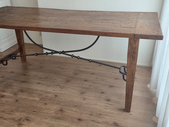 Tavolo da pranzo antico spagnolo con gambe a cavalletto - Legno massello e ferro battuto (200x89 cm) (photo 12 of 20)