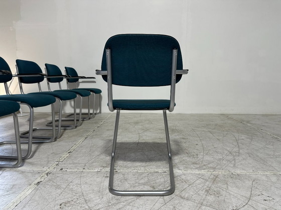 6x Artifort Lande Jami Stoelen - Buisframe Sledemodel - Bakeliet - Petrolblauw – Eetkamerstoelen, Metal (photo 7 of 9)