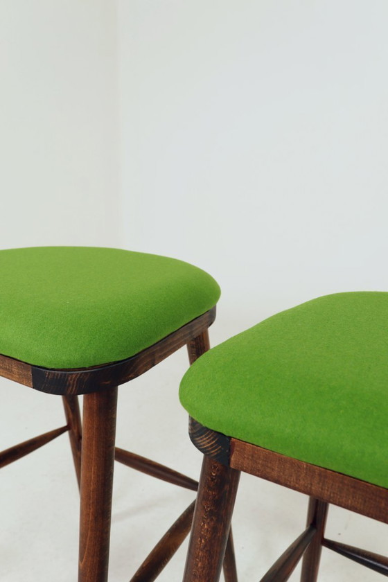 Image 1 of Beech Wood Bar Stools – Green Recycled Wool Upholstery, Rustic Mid-Century Style
