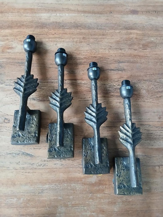 Image 1 of Rari e unici 2 o 4 applique da parete in bronzo con motivo a foglia di pianta di Lucien Gau, modello Folio