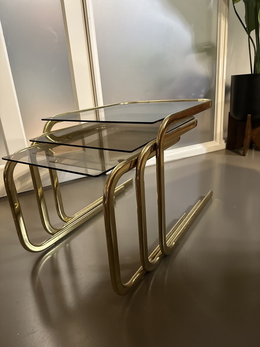 Table gigogne en chrome et verre fumé, style Mid-Century, Milo Baugham