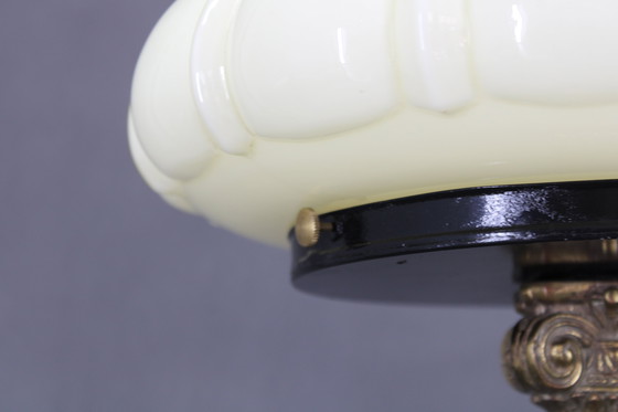 Image 1 of 1940s Restored Brass Table Lamp with Wooden Base and Glass Shade