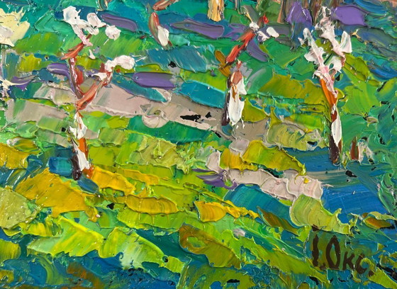 Image 1 of Original Oil Painting Flower Trees Landscape Blooming spring garden