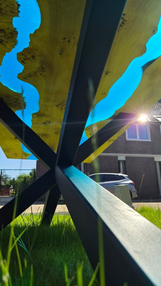 Image 1 of Root wood design table with blue epoxy – unique handmade piece