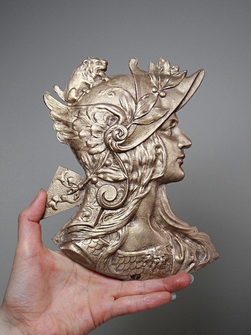 Antique gilded bronze plaque with Marianne Art Nouveau profile