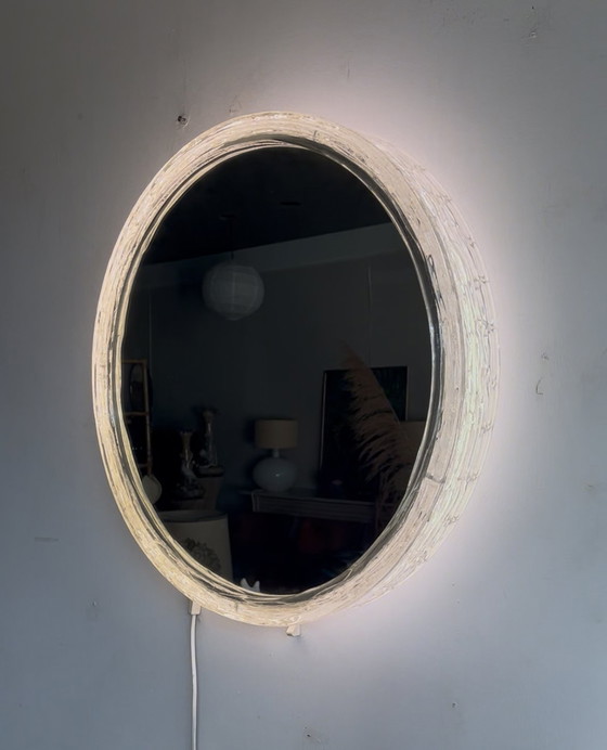 Image 1 of Verlichte spiegel ‘Iced-glass’ Hillebrand-stijl Mid Century