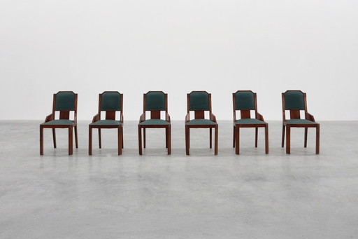 Set di 6 sedie da pranzo Art Déco in legno con rivestimento originale, Belgio anni '30