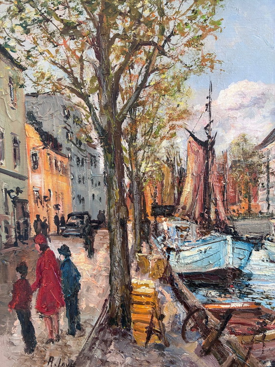 Image 1 of Peinture à l'huile originale d'époque représentant un paysage urbain bordé de canaux, datant des années 1970.