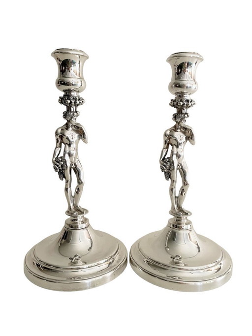 Pair of Christofle Figural Candle Holder - Vintage French Male Nude Silver Plated Candlesticks
