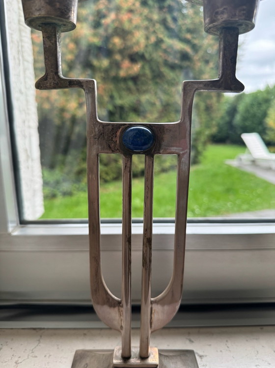 Pair of Art Deco Style Candle holders by Gunther Lambert, Silver-plated with Lapis Lazuli (Set of 2) (photo 2 of 7)