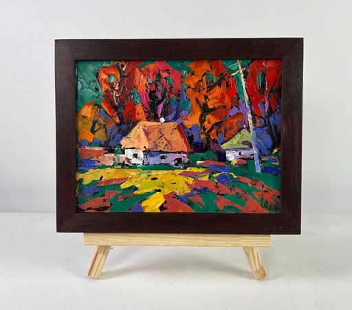 Original Oil Painting Evening Village Landscape Autumn is knocking on the windows