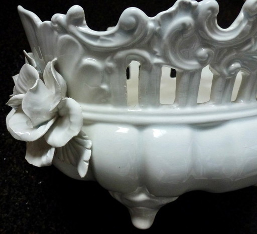 Vintage Jardiniere / Plantenbak Met Prachtige Keramische Bloemen