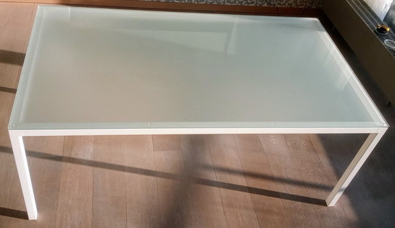 Image 1 of Designer table with white base, frosted glass tabletop; 180x99.50x74cm, detachable