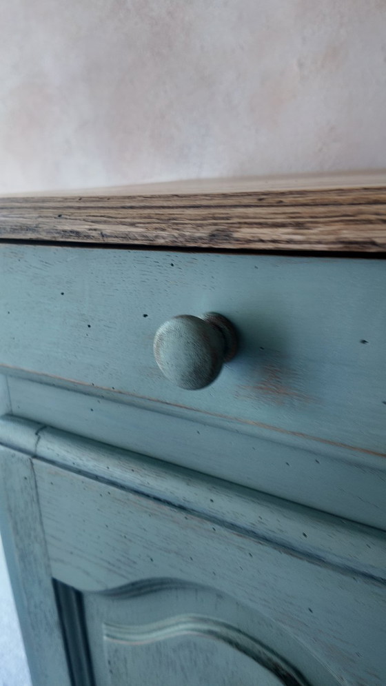 Image 1 of Antique jam cupboard with a sage green patina and solid wood finish