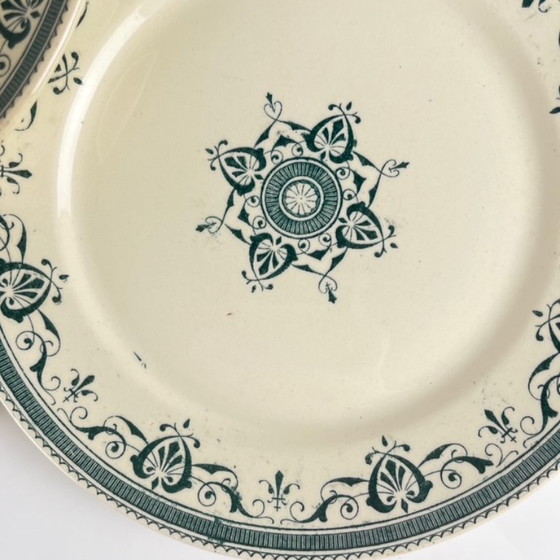 Image 1 of Set van 8 "Admiral" dessertborden van ijzersteen, Creil & Montereau, groenblauw, eind 19e eeuw