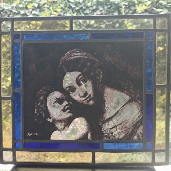 Handgemaakt Glas-in-lood Paneel – Gesigneerd A. Bauer – Moeder Met Kind – Glaskunst (photo 4 of 9)