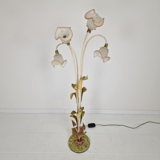 Image 1 of Italian Floor Lamp with Metal Stems, Leaf Details and Murano Glass Flower Shades