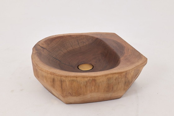 Image 1 of Lavabo de madera de nogal tallado a mano – Lavabo de baño escultural orgánico, Logniture